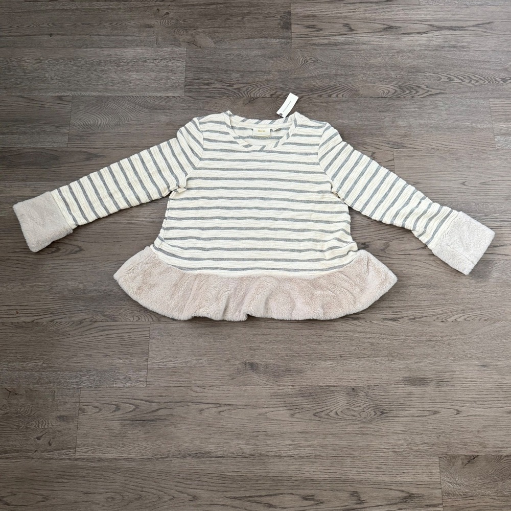 Anthropologie Maeve‎ Astor Fur-Trimmed Striped Pullover Sweater M White/Gray NWT - Picture 4 of 12